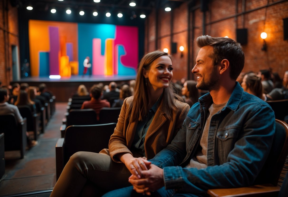 A young couple sitting together in a small theater watching an experimental stage performance.