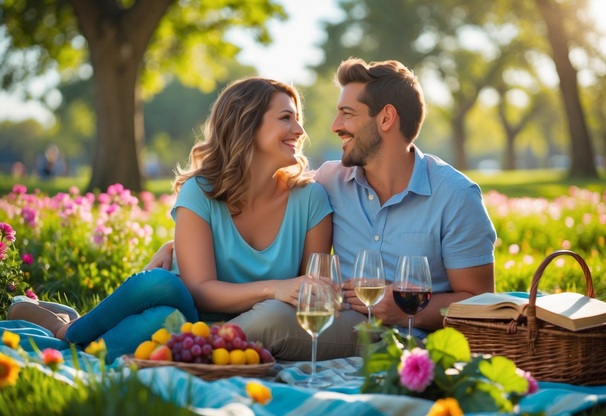 A lesbian couple sitting on a picnic blanket in a park, smiling and enjoying each other's company.