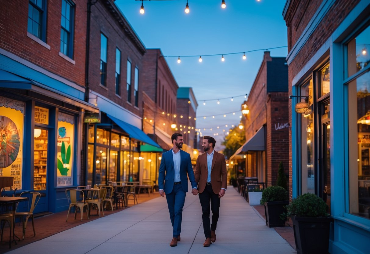 Couple walking along a lively street with unique shops and warm evening lights in an urban district.