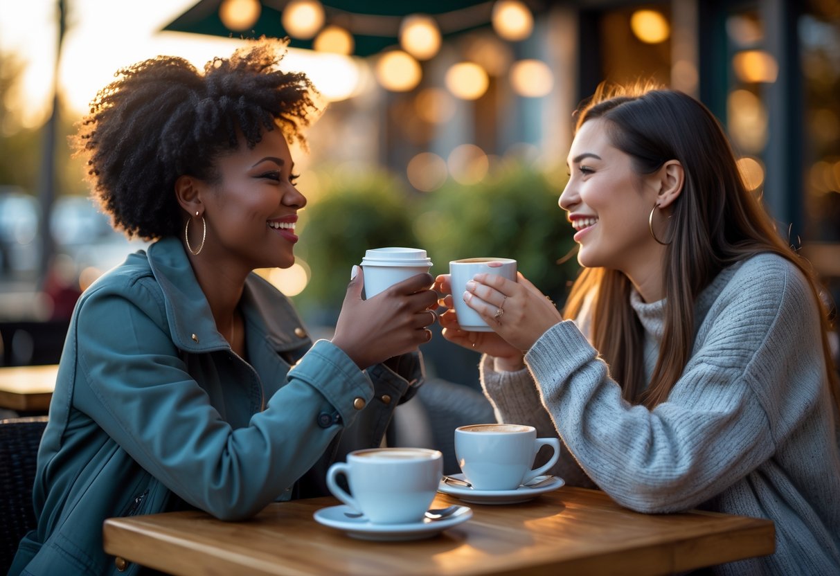 Two women sharing a joyful moment together at an outdoor café table surrounded by greenery and soft lighting.