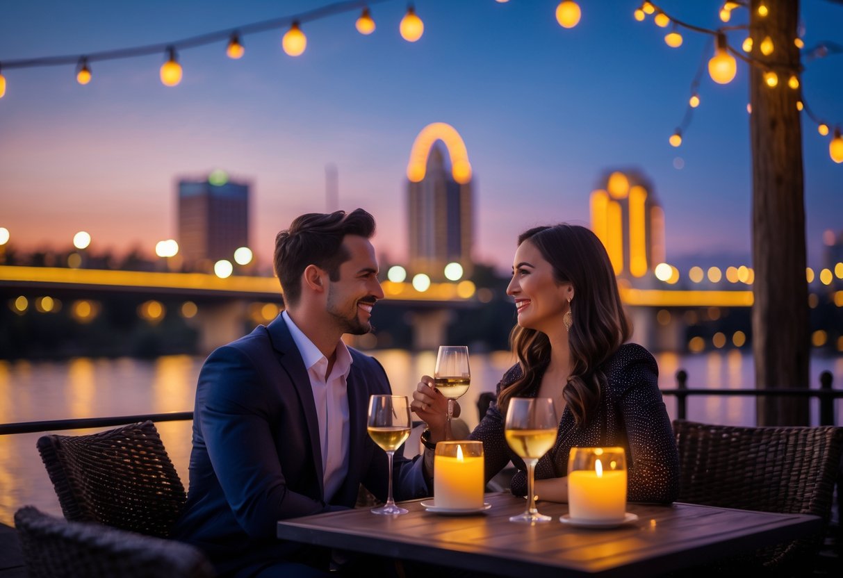 A couple enjoying a romantic evening together at an outdoor café with city lights and a bridge in the background.