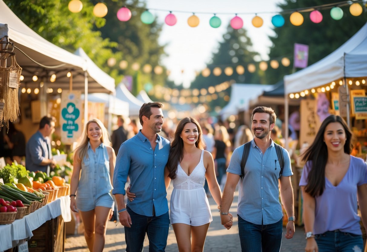 People enjoying a lively outdoor market with colorful stalls and fresh produce on a sunny day.