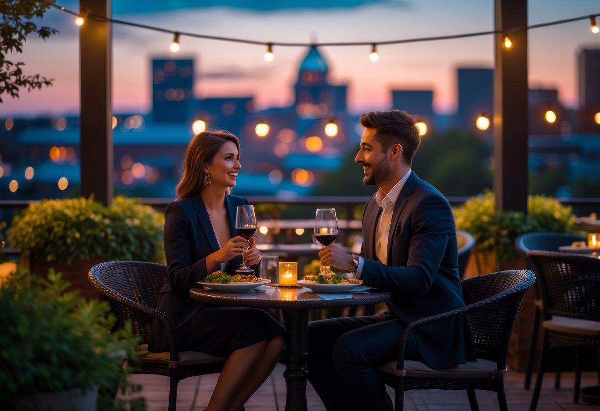 A couple enjoying a romantic dinner at an outdoor restaurant patio with city skyline in the background at dusk.