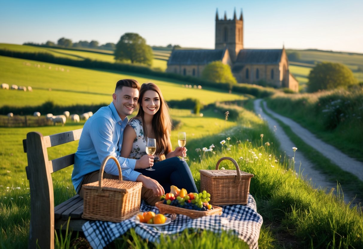 A young couple sitting on a bench in the Lincolnshire countryside, sharing a picnic with green fields and a church tower in the background.