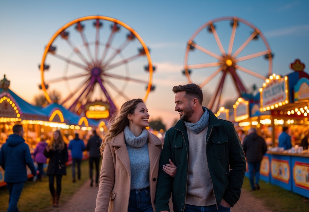 Couples enjoying a lively outdoor festival with colorful rides and food stalls at sunset.