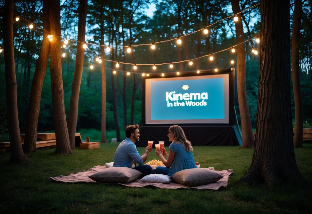 A couple sitting on a picnic blanket watching an outdoor movie screening surrounded by trees and string lights in a wooded area at twilight.