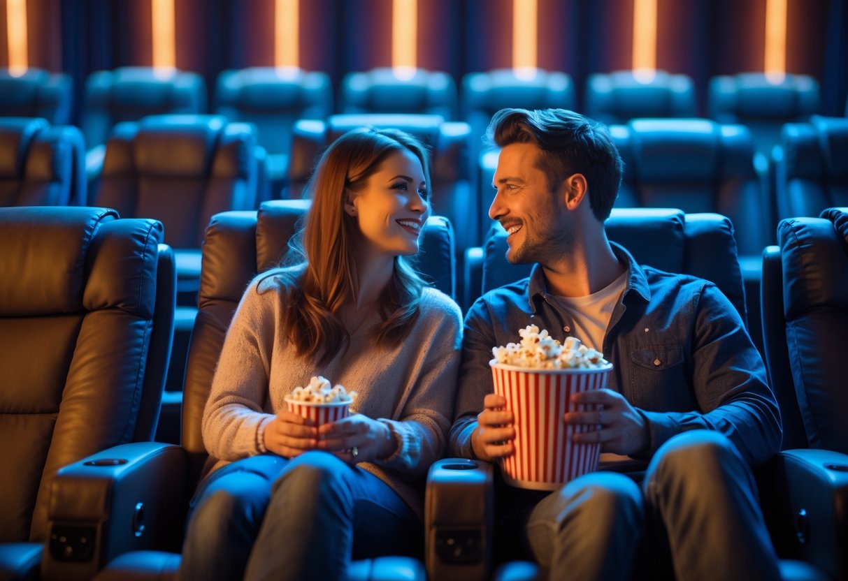 A young couple enjoying a movie night together in a comfortable cinema with plush seats.