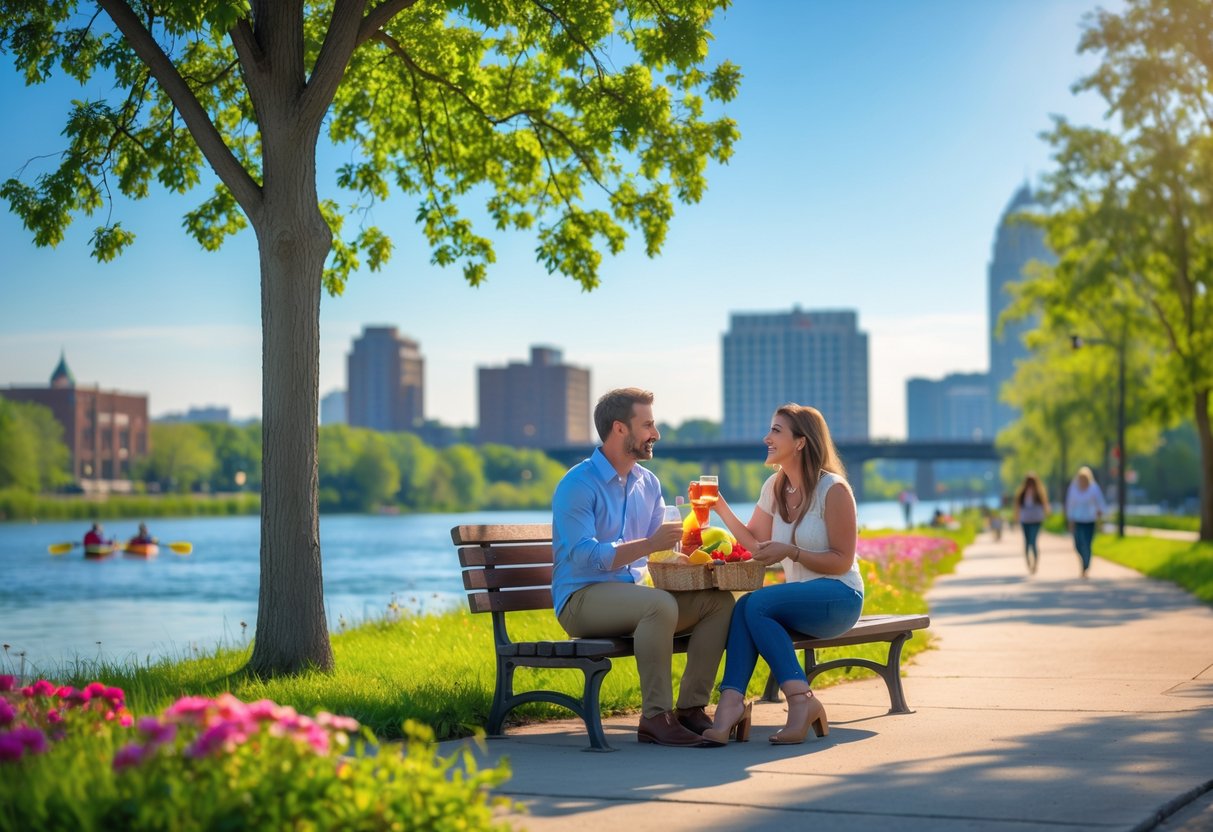 A couple enjoying a picnic by the Mississippi River with La Crosse bluffs and skyline in the background on a sunny day.