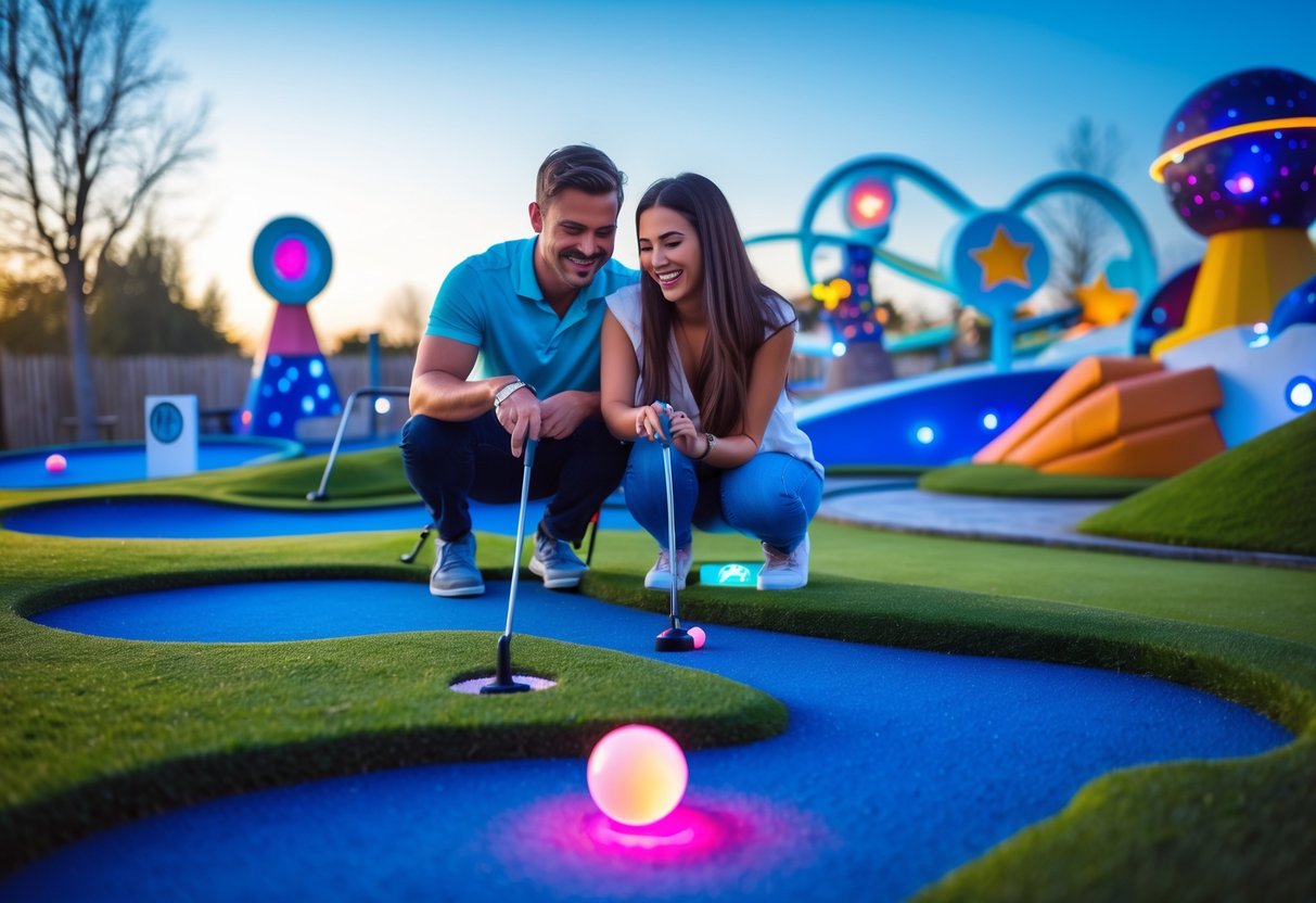 A couple playing mini golf together at a colorful outdoor cosmic-themed mini golf course.