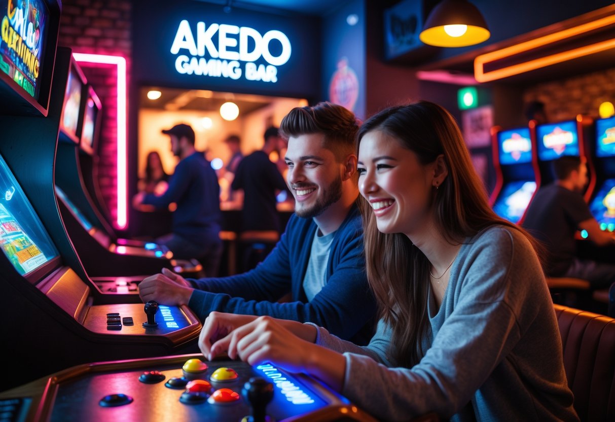 A young couple playing arcade games together inside a lively gaming bar with colorful neon lights and other people socializing in the background.