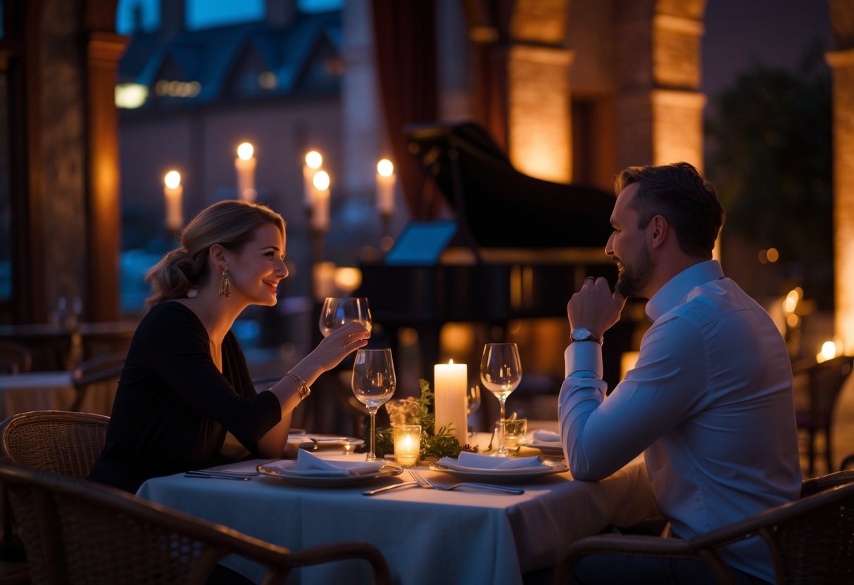 A couple enjoying a romantic dinner at a table with a small stage in the background inside a warmly lit venue.