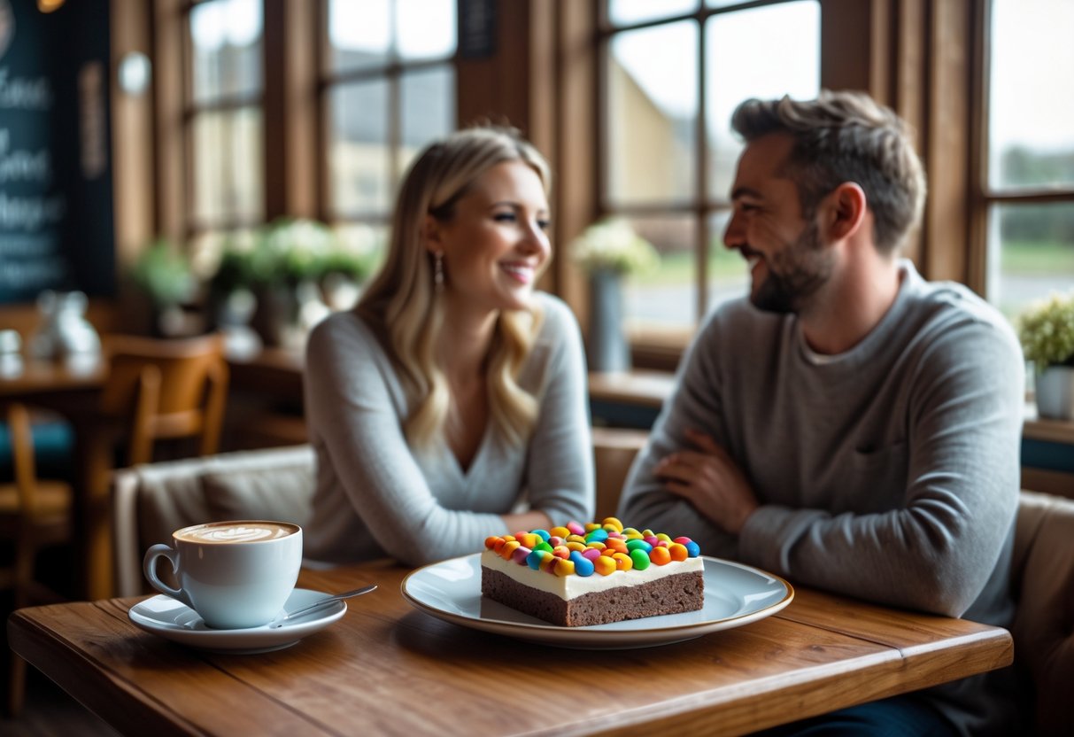 A couple enjoying a dessert date with a Smarties Bar dessert on a table in a cozy cafe.
