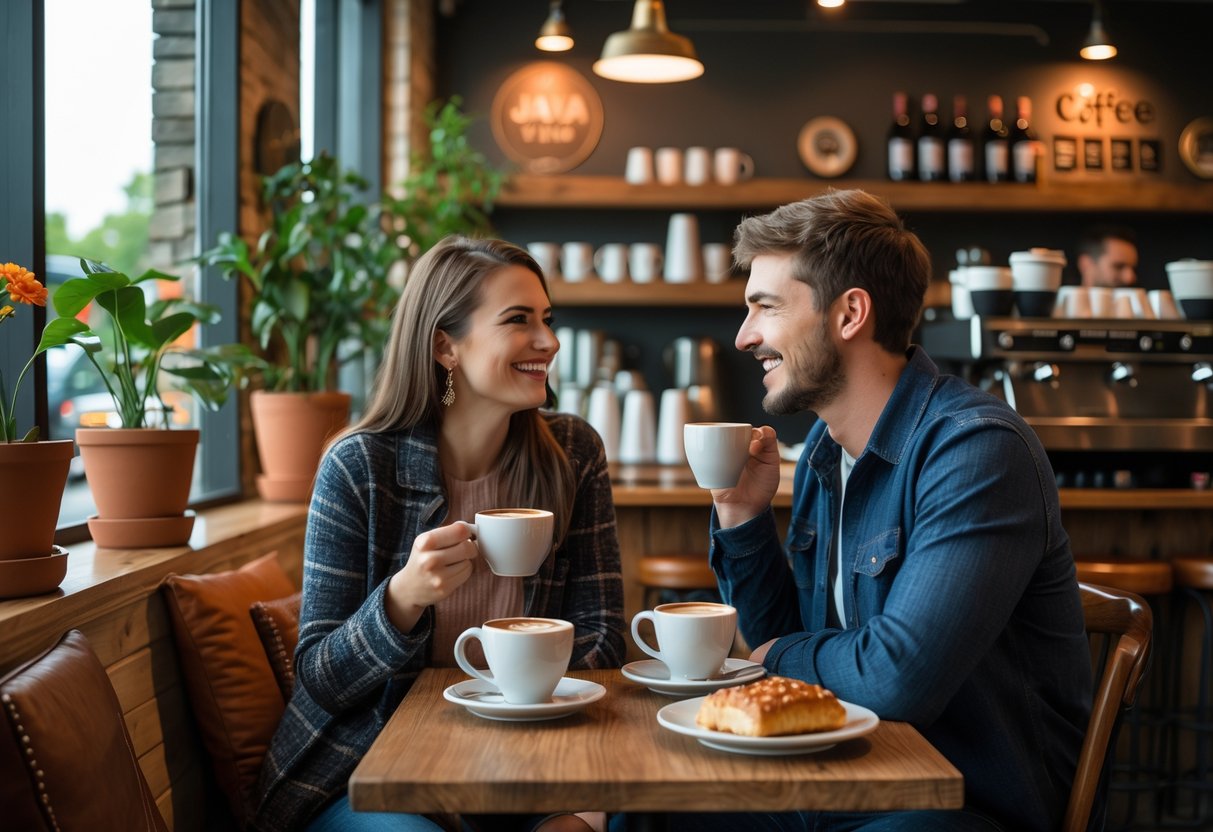 A young couple enjoying coffee together at a small table inside a cozy café with warm lighting and plants.