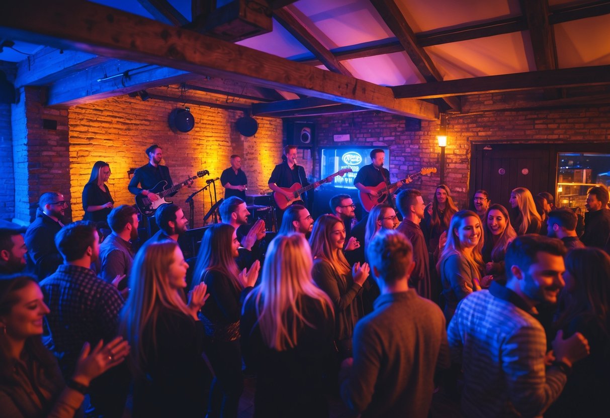 A lively crowd enjoying a live music performance inside a cozy venue with warm lighting and rustic decor.