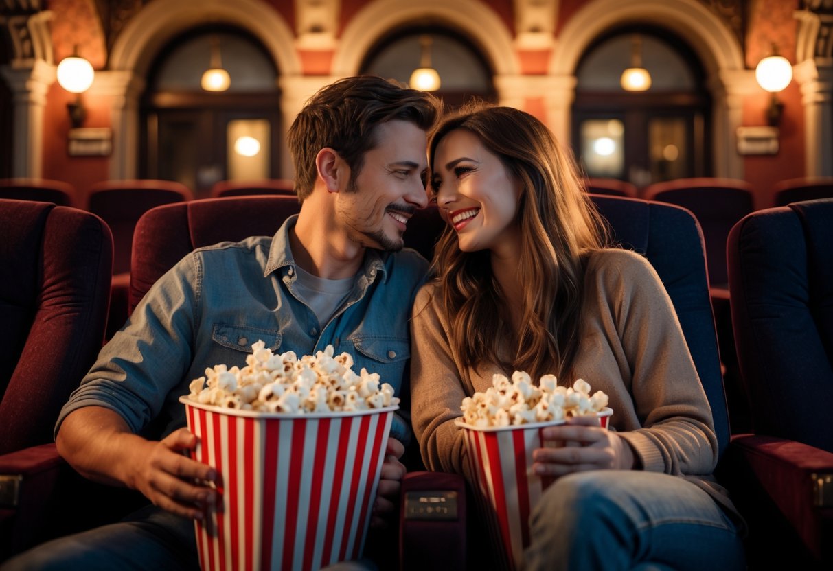 A couple enjoying a movie night together in a cozy theater with vintage decor.