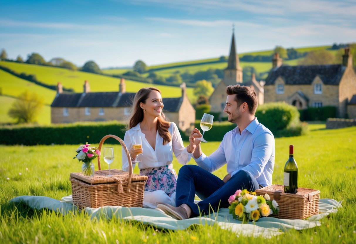 A couple enjoying a picnic on a green meadow with rolling hills and a village in the background.
