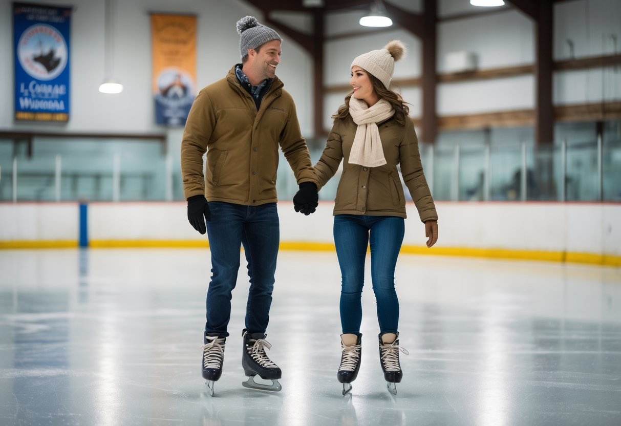 A couple ice skating together inside an indoor rink, holding hands and smiling.