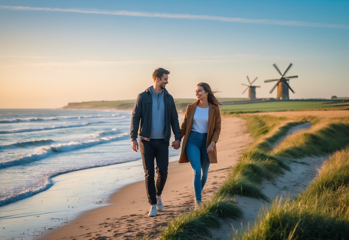 A young couple walking hand in hand along a sandy beach with calm sea and green fields in the background.
