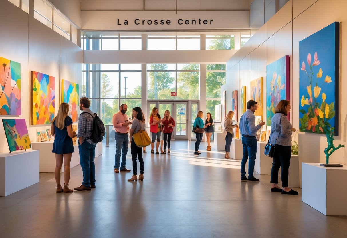 Couples and individuals browsing local artwork displayed inside a bright, spacious gallery at the La Crosse Center.