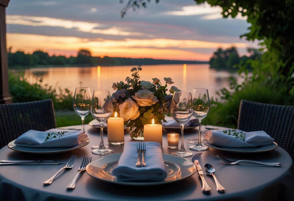 A romantic dinner table for two set outdoors by a river at sunset with candles and flowers.