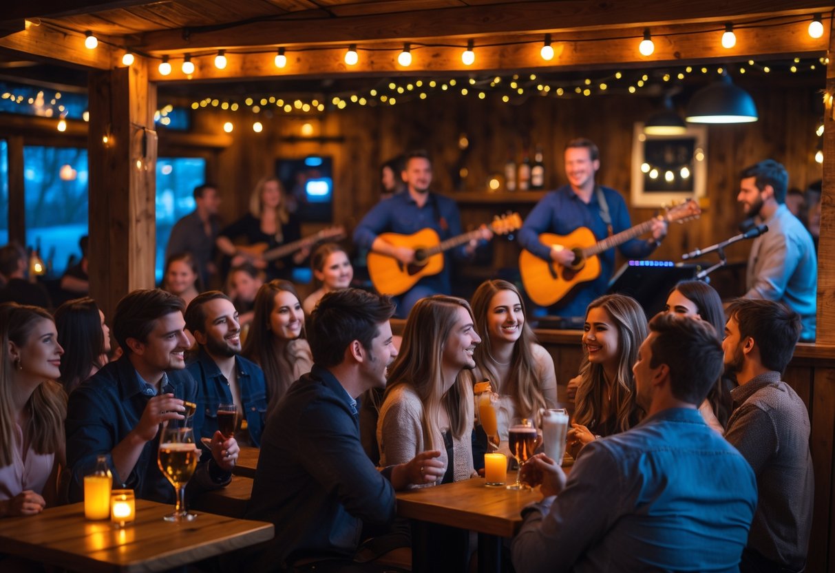 Couples and groups enjoying live music inside a warmly lit bar with wooden decor and a small stage.