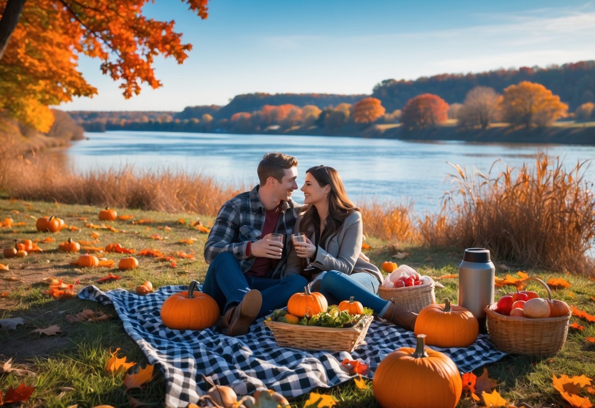 A couple having a picnic by a river surrounded by colorful autumn trees and pumpkins.