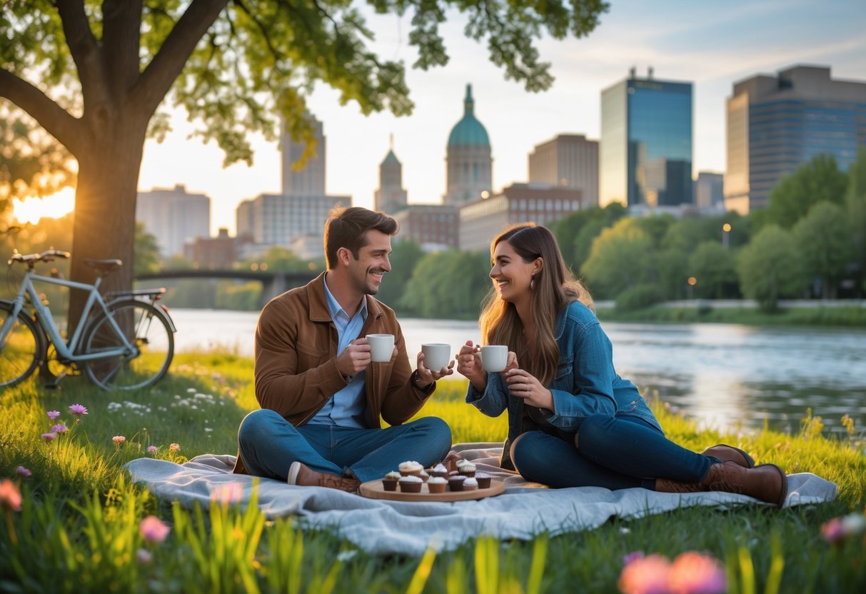 A young couple enjoying a picnic near the Grand River with the Lansing skyline in the background during sunset.