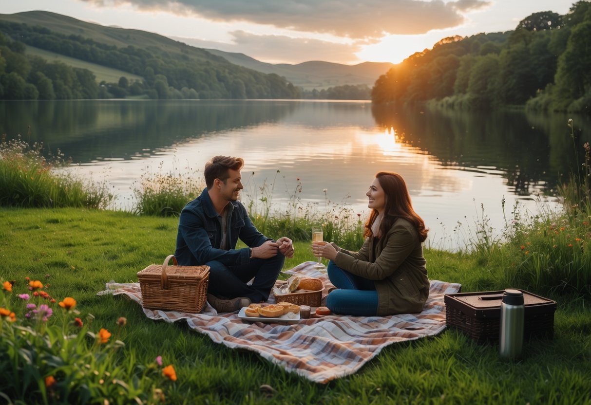 A couple sitting on a picnic blanket by a calm lake surrounded by hills and trees during sunset.