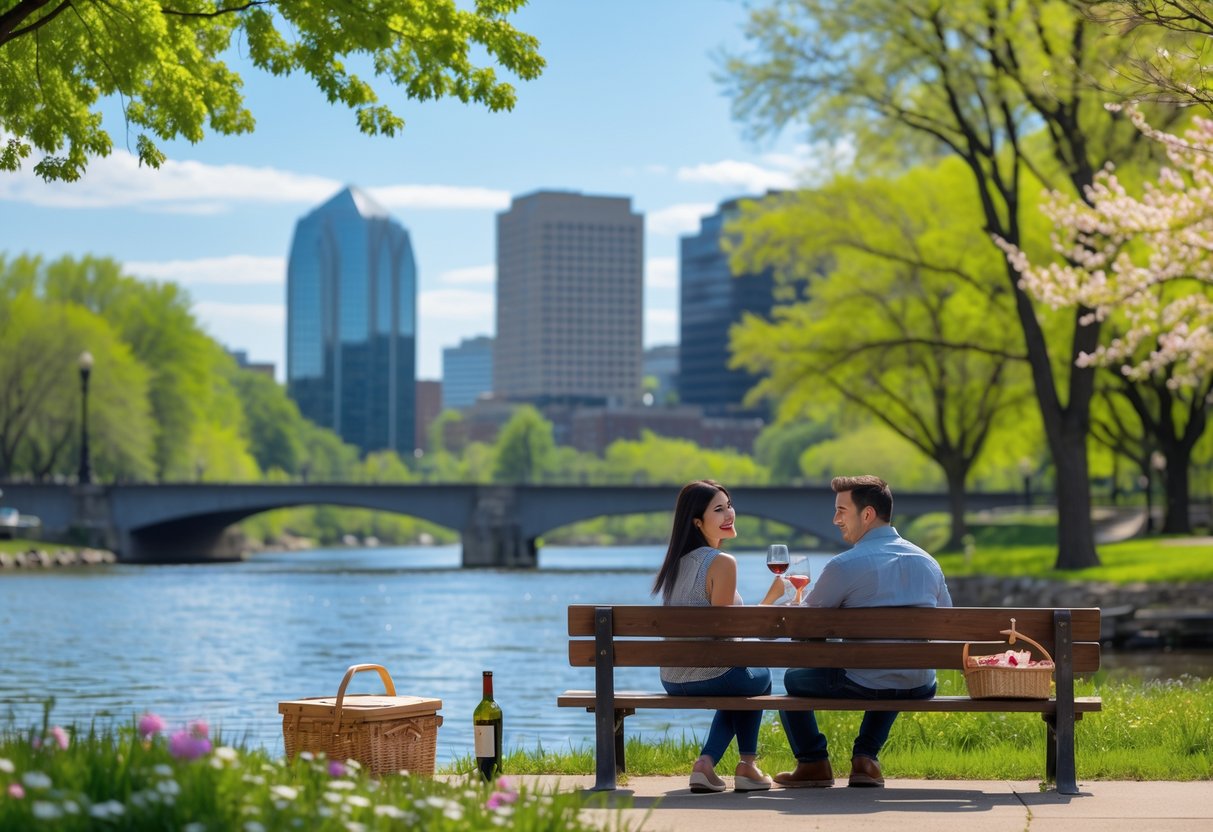 A young couple sitting on a bench by a river in a park with trees and city buildings in the background, enjoying a sunny day together.