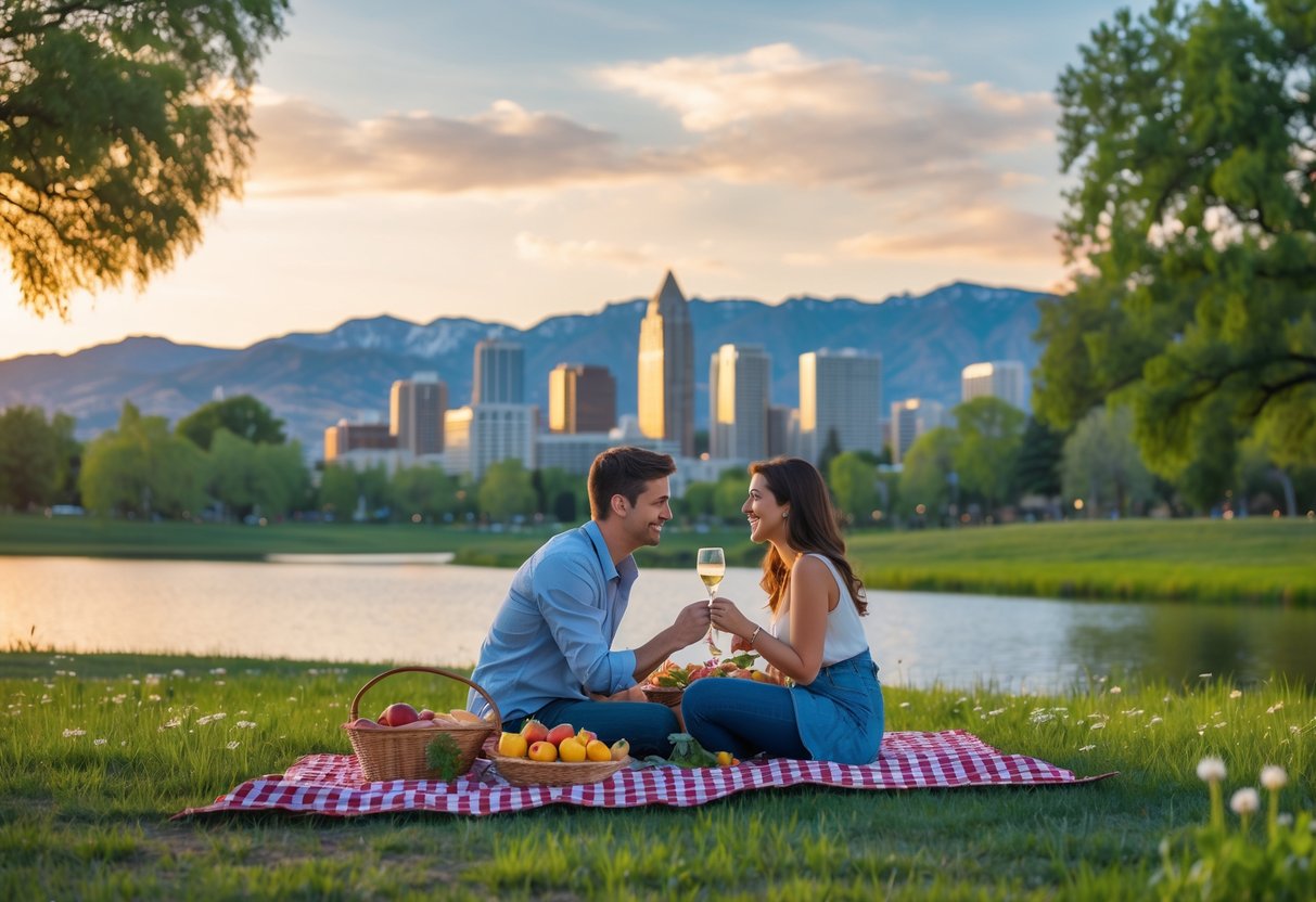 A couple having a picnic outdoors with Salt Lake City skyline and mountains in the background at sunset.