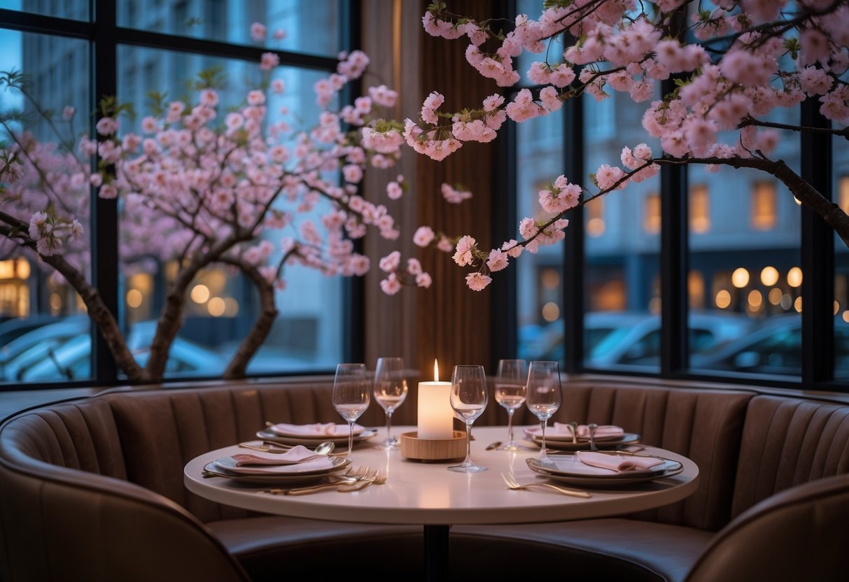 A cozy restaurant table set for two surrounded by pink cherry blossom decorations and soft lighting.