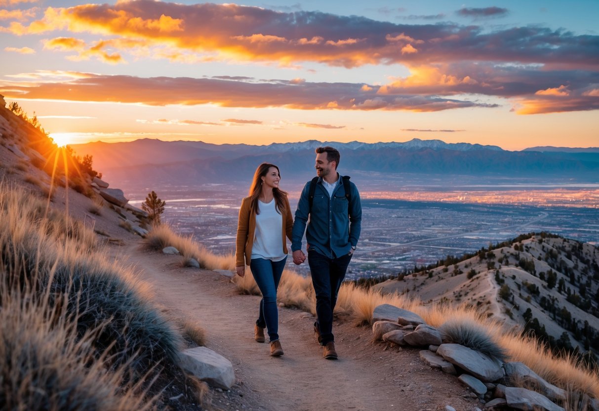 A couple walking hand in hand on a trail at Ensign Peak during sunset with Salt Lake City and mountains in the background.