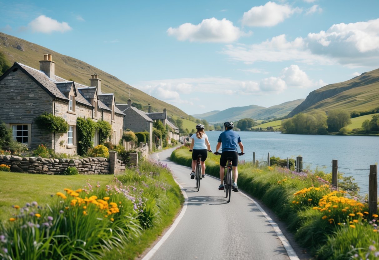 A couple cycling on a country road near stone cottages and a lake in a green, hilly village.