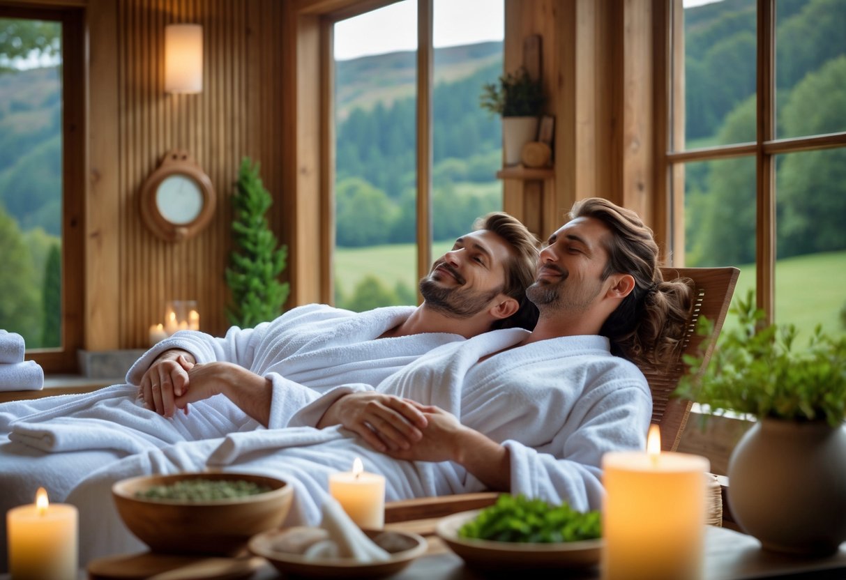 A couple relaxing together in a spa with wooden interiors and large windows showing greenery outside.