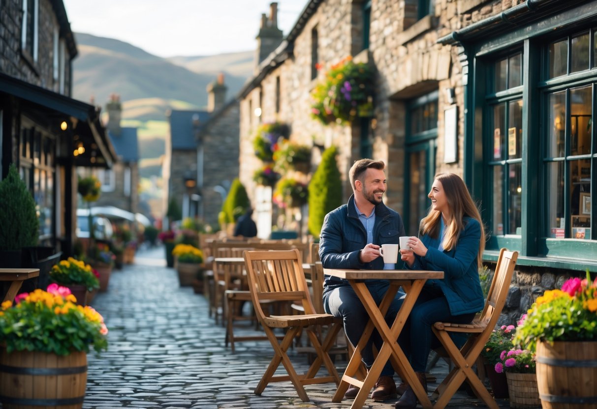 A couple enjoying coffee outside a local cafe in Keswick town with stone buildings and greenery in the background.