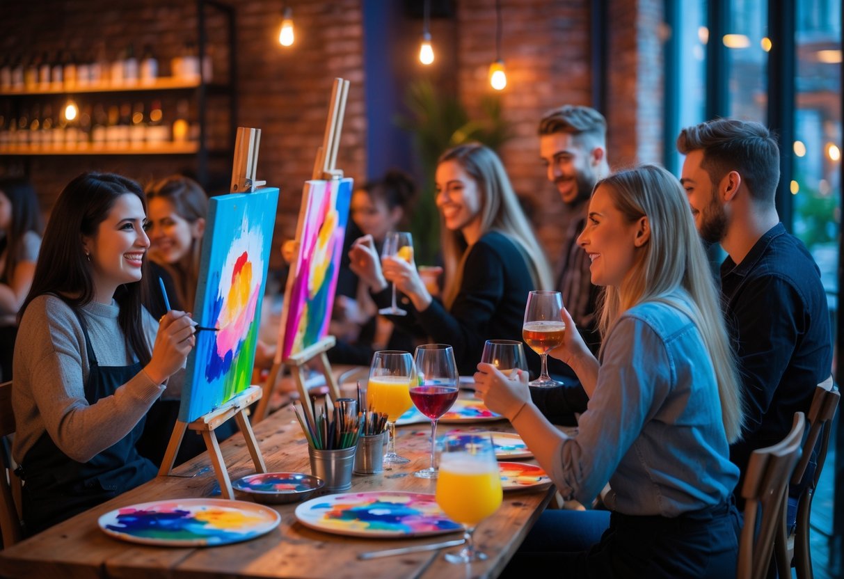 Couples enjoying a painting class together, painting on canvases and drinking wine in a cozy art studio.