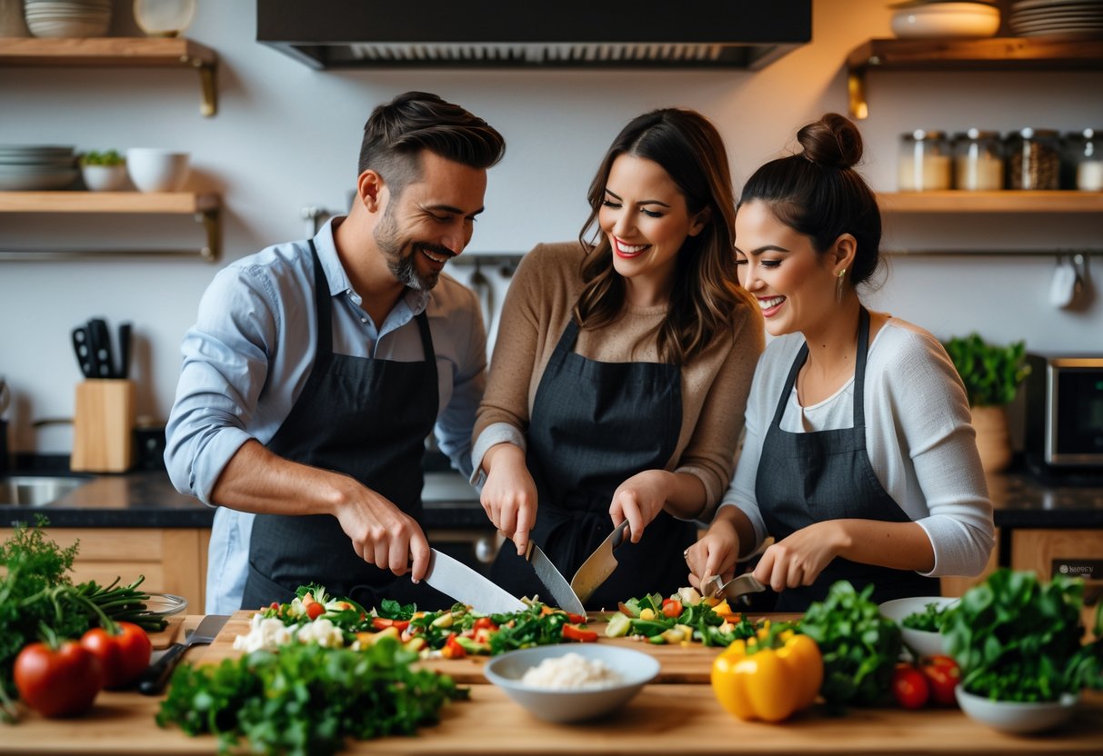 Two couples cooking together in a modern kitchen, smiling and preparing food around a wooden countertop.