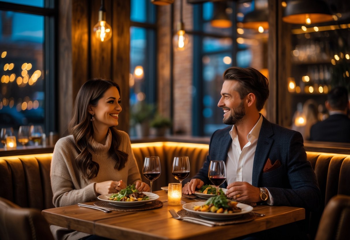 A couple enjoying a romantic dinner together at a warmly lit restaurant table with plates of food and glasses of wine.