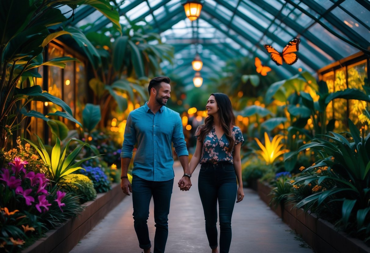 A couple walking hand-in-hand through a tropical greenhouse surrounded by lush plants and flowers at Tropical World in Roundhay Park.