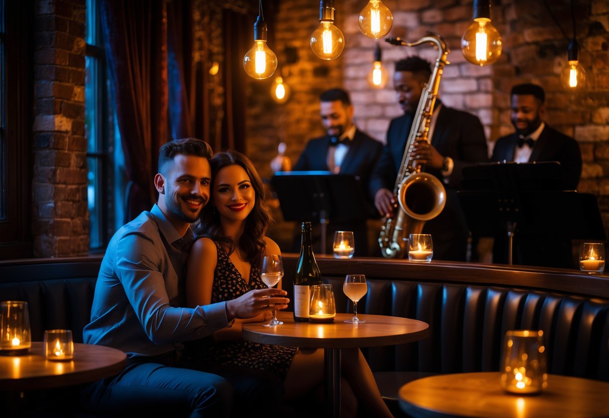 A couple enjoying a date night at a cozy jazz bar with a live band playing in the background.