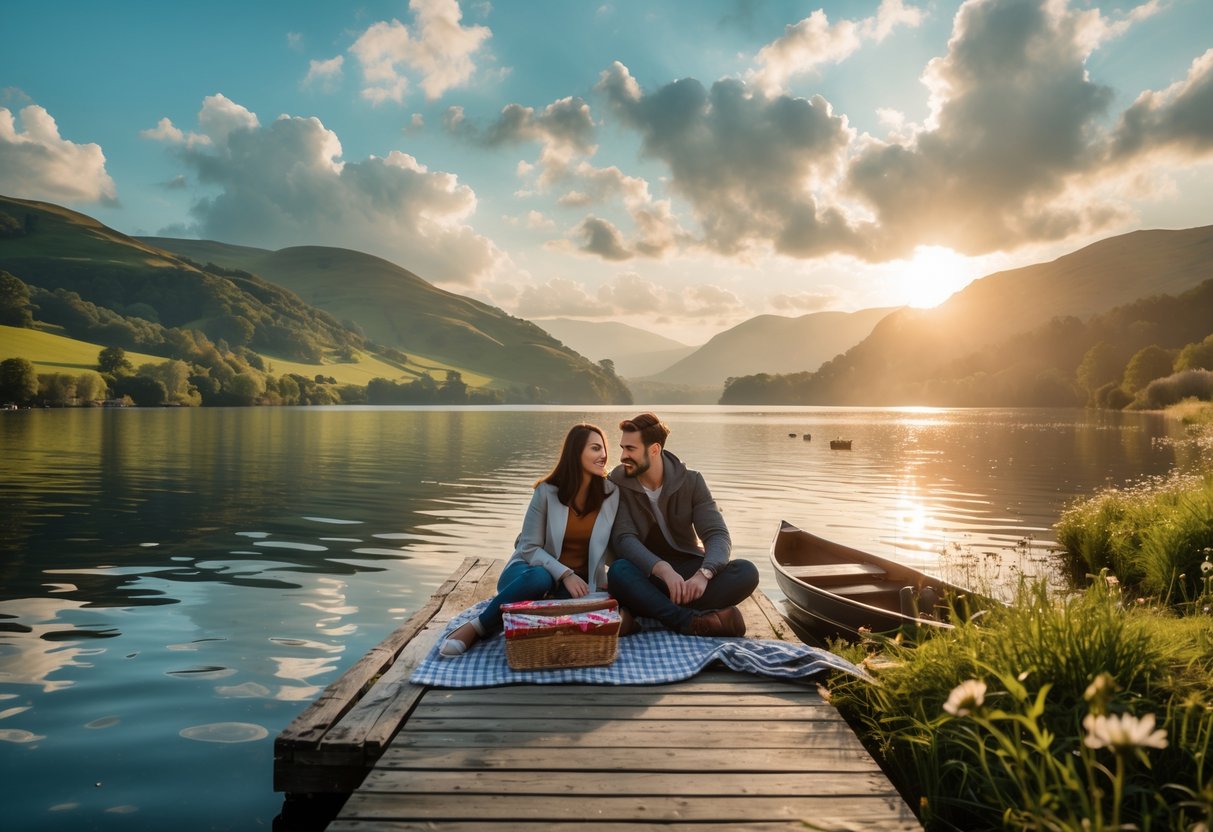 A couple sitting together on a wooden dock by a calm lake surrounded by green hills and mountains.