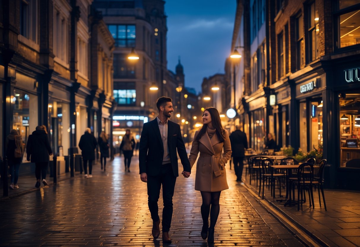 A couple walking hand in hand through a lively Leeds city street at night with illuminated buildings and outdoor cafes.