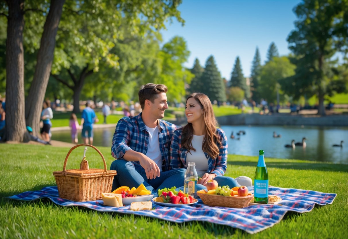 A couple enjoying a picnic on a blanket in a green park with trees and a pond in the background.
