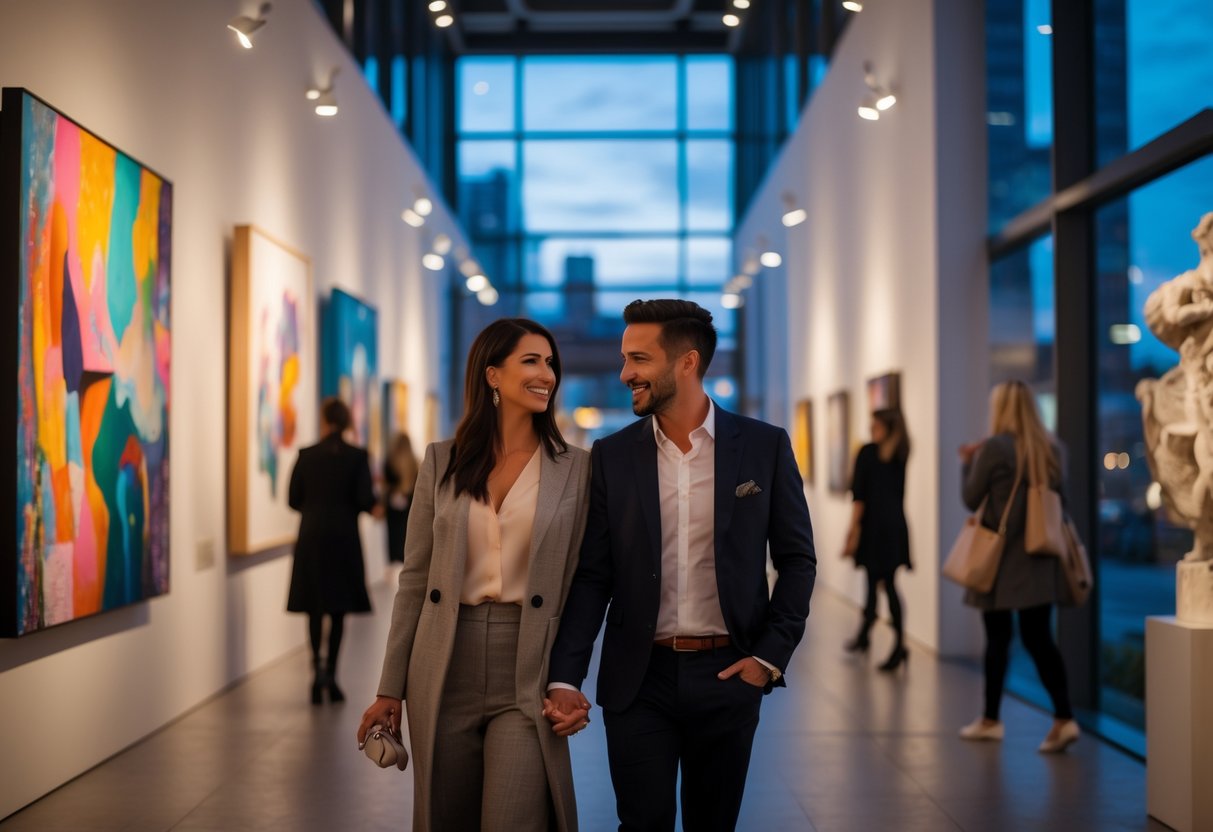 A couple walking hand-in-hand inside Leeds Art Gallery, surrounded by colorful paintings and sculptures.