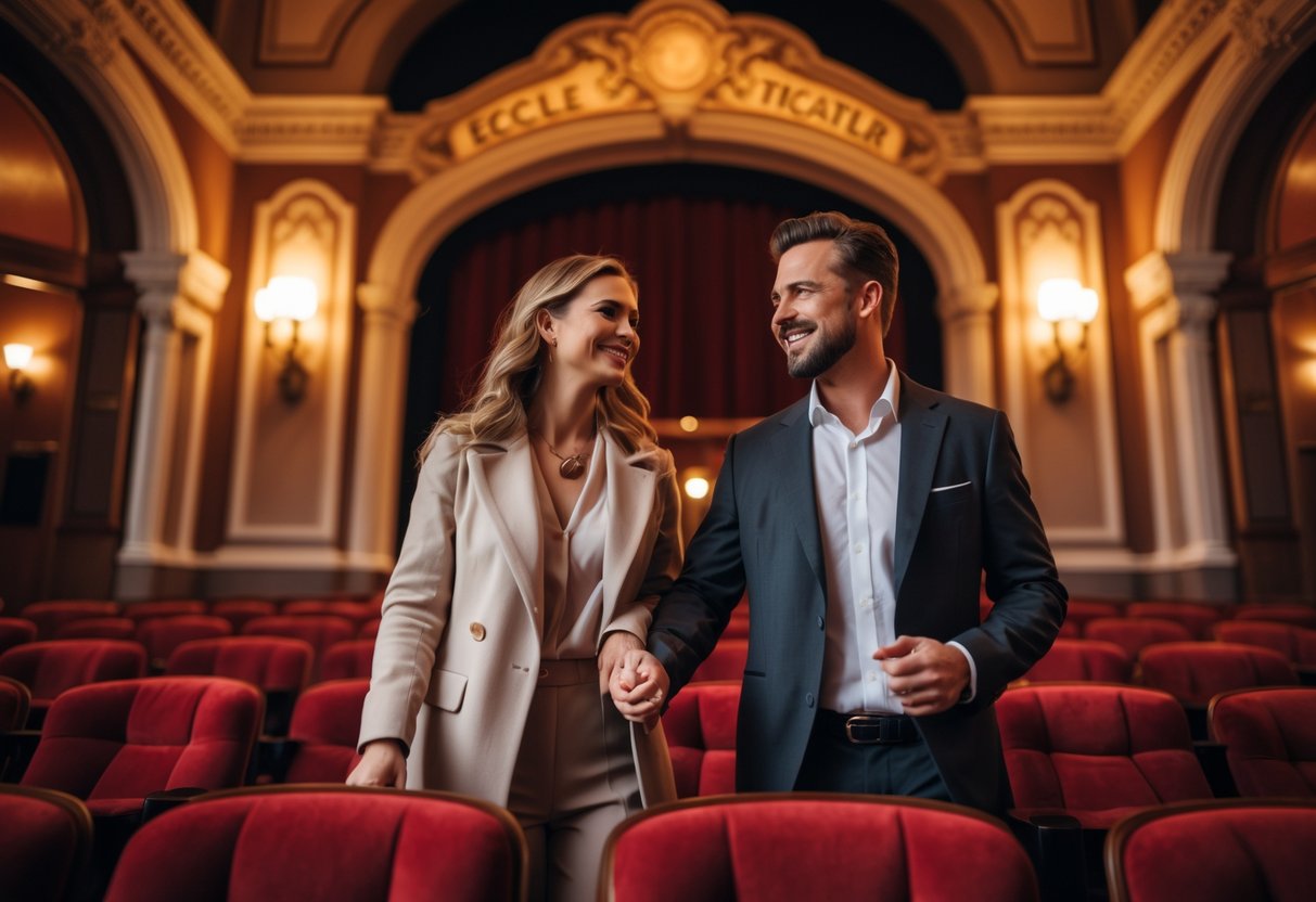 A couple dressed for a night out walking inside a theater with red seats and elegant interior decorations.