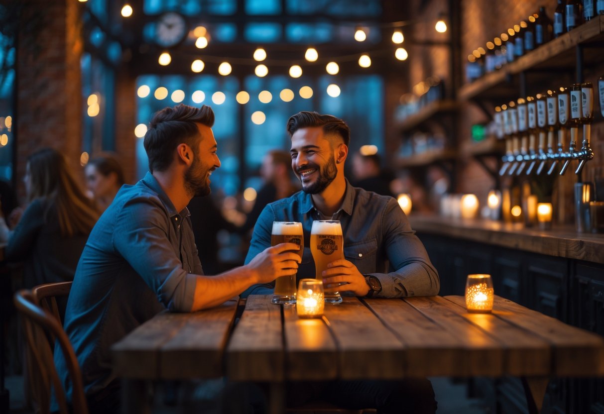 A couple enjoying craft beers at a cozy brewery with warm lighting and industrial decor in the evening.