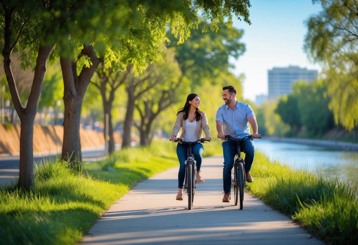 A couple riding bikes together along a paved path beside the Jordan River with trees and a clear sky in the background.