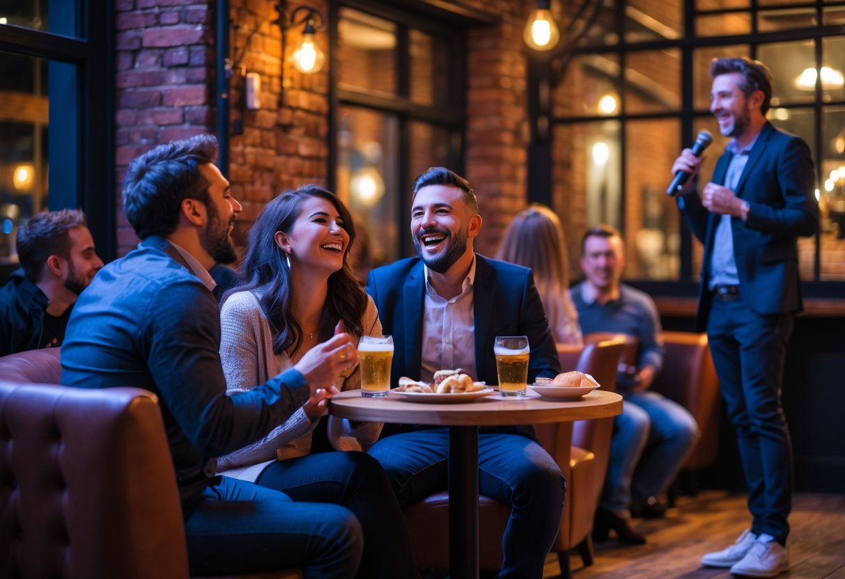 A couple laughing together at a comedy show in a cozy venue with exposed brick walls and warm lighting.