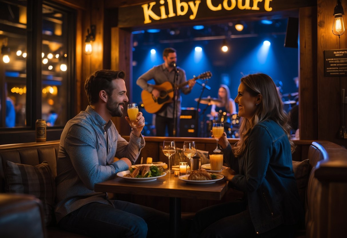 A couple enjoying dinner and live music together at Kilby Court in Salt Lake City.
