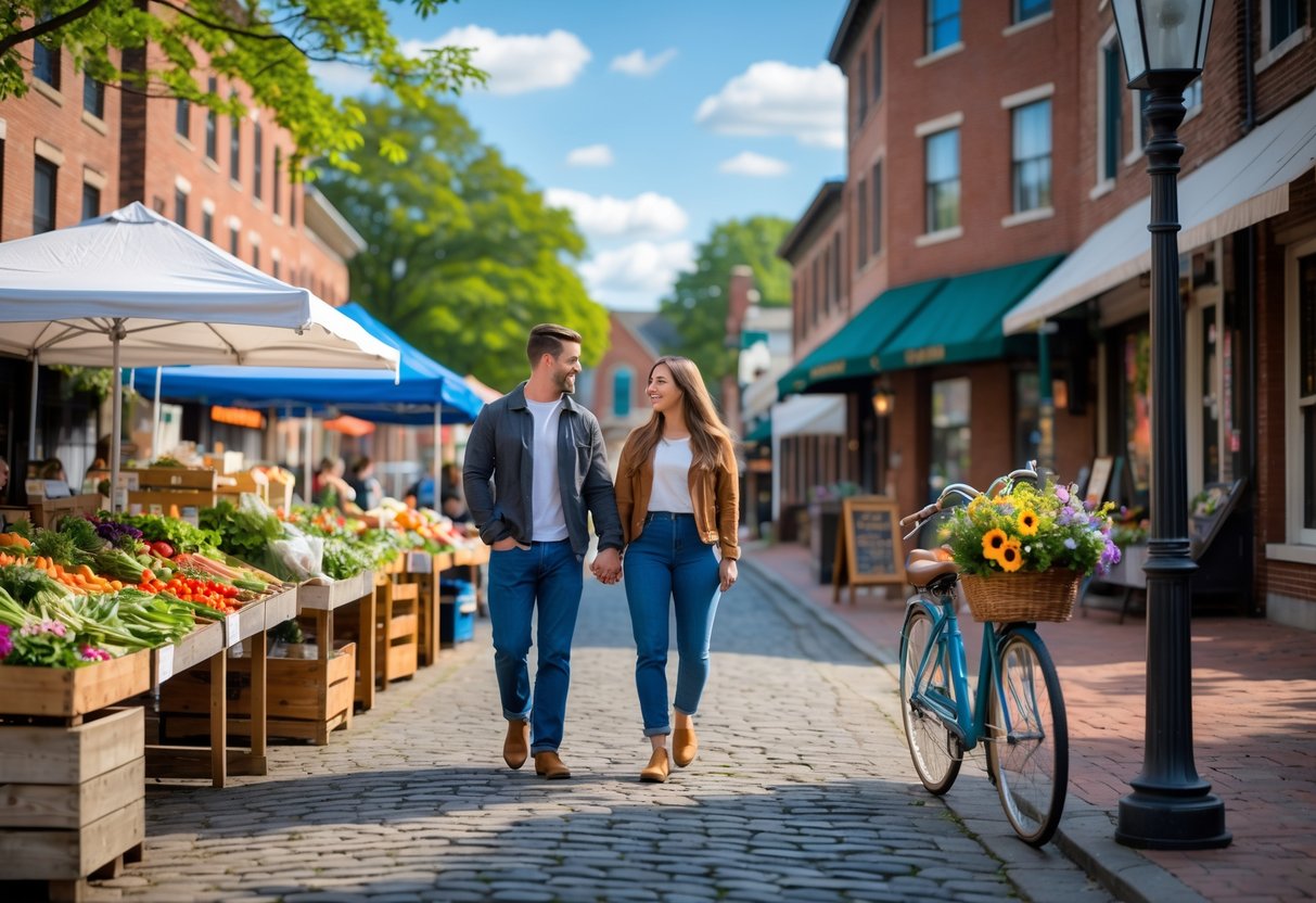 A young couple walking hand in hand through an outdoor farmers market in Lancaster, Pennsylvania, surrounded by colorful stalls and historic buildings.